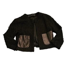 Zara Woman Studio Boucle Jacket Black Open Front Leather Pocket Panels Size M